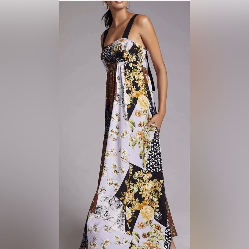 Anthropologie Maeve Floral Maxi Dress Smocked Brown Lavender Gold Size M NWT